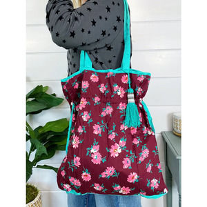 Drawstring Cotton Market Tote Shopping Bag Maroon Pink Aqua
